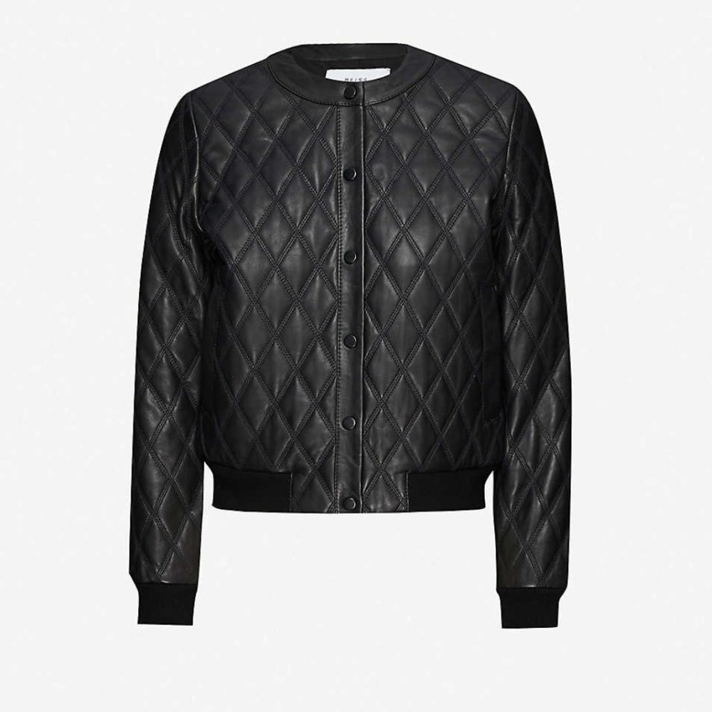 REISS Ottolie Quilted Leather Crop Bomber Jacket In Black